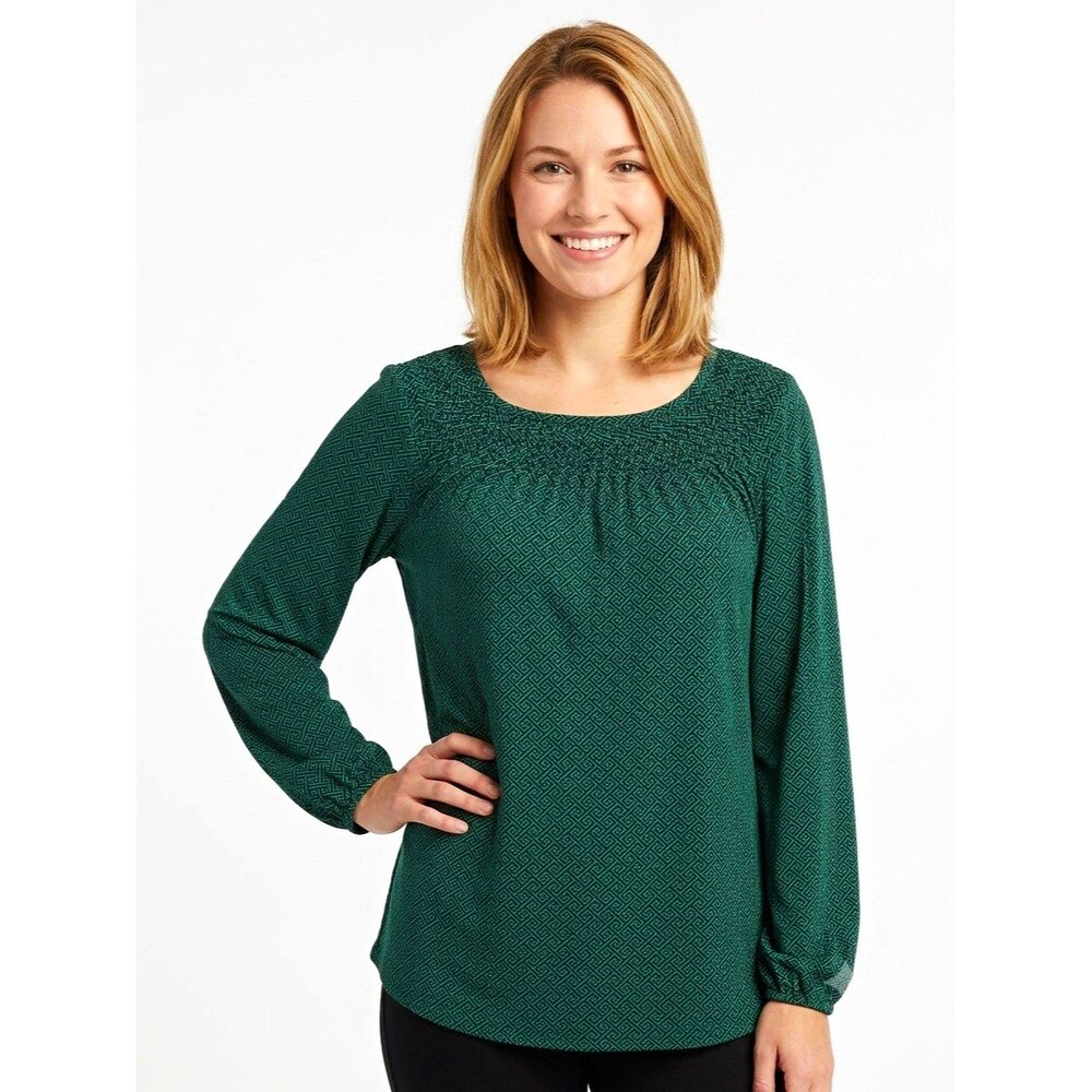 Worthington Womens Top 2X Plus Green Black Geometric Stretch Smocked Long Slv